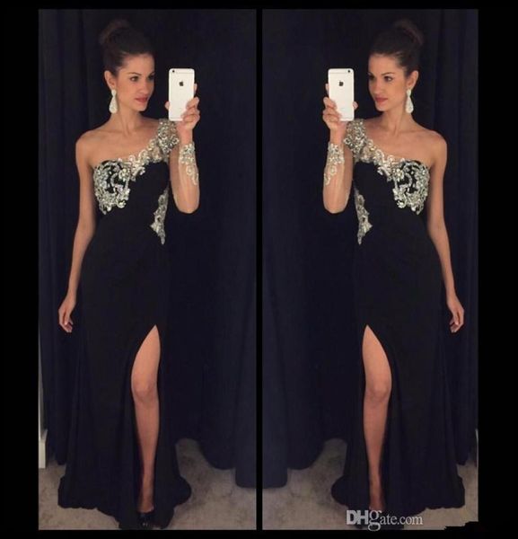 one shoulder black evening dresses applique beaded long sleeve side split sheath chiffon formal prom party gowns vestidos de fiest7093866, Black;red
one shoulder black evening dresses applique beaded long sleeve side split sheath chiffon formal prom party gowns vestidos de fiest7093866, Black;red