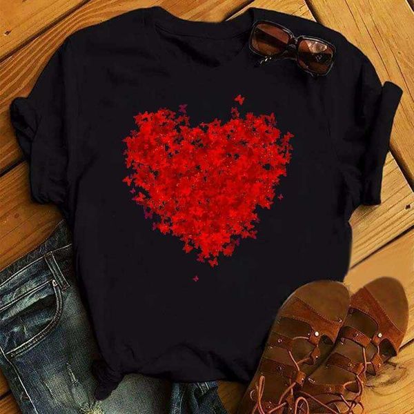 butterfly heart print t-shirt new women's round neck loose summer short sleeve t-shirt top, White 
butterfly heart print t-shirt new women's round neck loose summer short sleeve t-shirt top, White