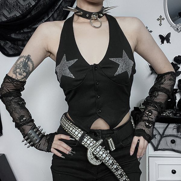 women's tanks vest women cyberpunk harajuku gothic pentagram drill backless halter crop tank, White
women's tanks vest women cyberpunk harajuku gothic pentagram drill backless halter crop tank, White