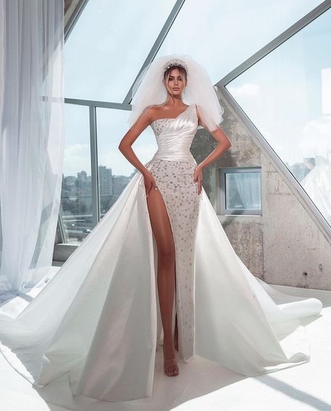 stylish mermaid wedding dresses sleeveless bateau one shoulder sequins appliques floor length ruffles side slit plus size bridal gowns dress, White
stylish mermaid wedding dresses sleeveless bateau one shoulder sequins appliques floor length ruffles side slit plus size bridal gowns dress, White
