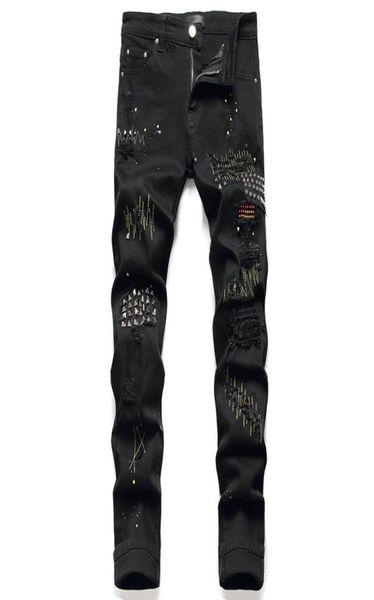 black rivets men039s jeans stretch ripped paint denim pants fashion slim embroidery trousers punk style male clothing pantalone7528740, Blue
black rivets men039s jeans stretch ripped paint denim pants fashion slim embroidery trousers punk style male clothing pantalone7528740, Blue