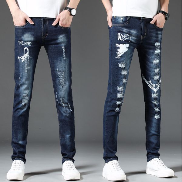 mens jeans spring and autumn fashion printed ripped casual slim comfortable elastic small feet pants 230720, Blue
mens jeans spring and autumn fashion printed ripped casual slim comfortable elastic small feet pants 230720, Blue