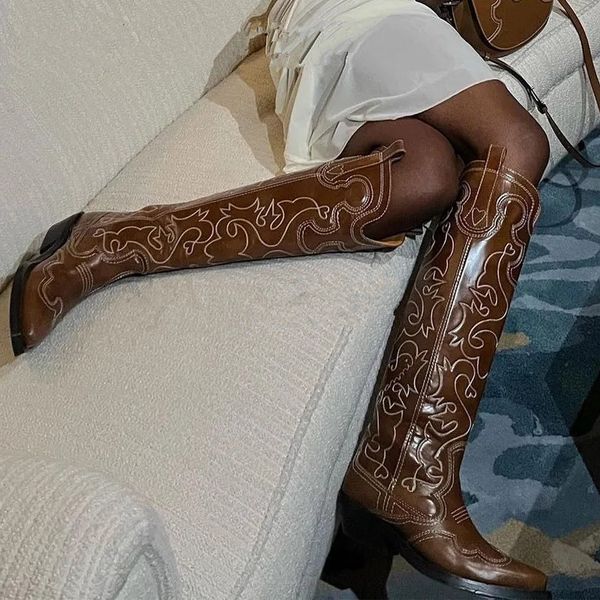 brown calf leather cowgirl boot pointed toe embroidered chunky block heel boots cool girl western cowboy botas de mujer, Black
brown calf leather cowgirl boot pointed toe embroidered chunky block heel boots cool girl western cowboy botas de mujer, Black