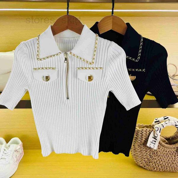 women's knits & tees designer high edition french style polo collar heavy chain knit metal zipper slim fit short sleeve for women xfkn, White
women's knits & tees designer high edition french style polo collar heavy chain knit metal zipper slim fit short sleeve for women xfkn, White