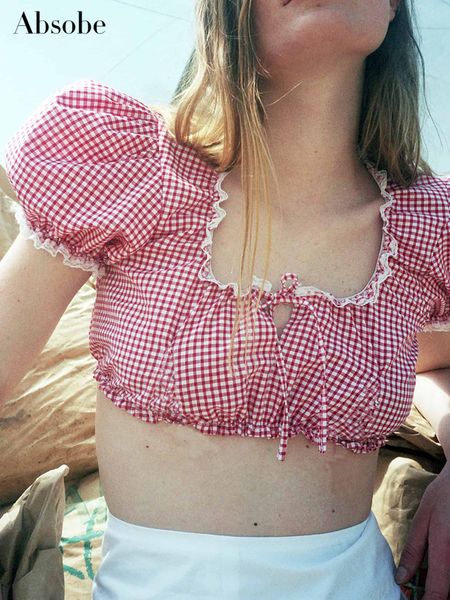 women's tshirt absobe lace stitching plaid crop tshirt women american retro red white color contrast square neck puff sleeve shirt tie
women's tshirt absobe lace stitching plaid crop tshirt women american retro red white color contrast square neck puff sleeve shirt tie