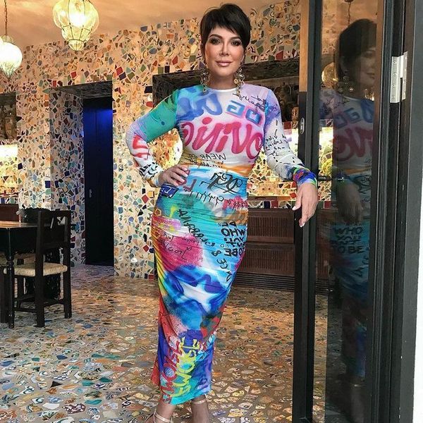 casual dresses woman long sleeve midi dress letter graffiti printed o neck bodycon s-l x21586 laxae, Black;gray