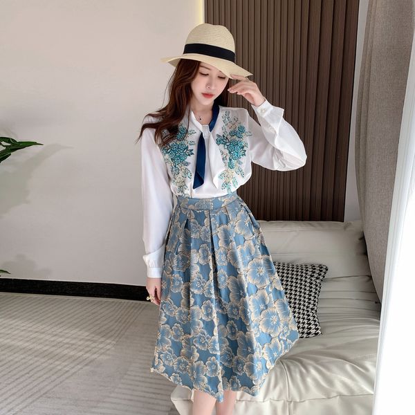two piece dress summer elegant embroidery flower two piece set for women floral sequined bow collar blouse shirt + blue jacquard midi skirt, White
two piece dress summer elegant embroidery flower two piece set for women floral sequined bow collar blouse shirt + blue jacquard midi skirt, White