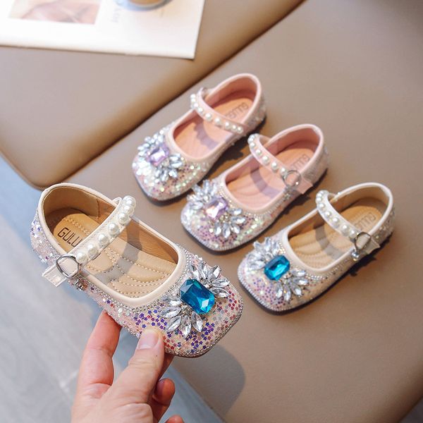 

Girls Leather Shoes Princess Bow Spring New Non-slip Soft Bottom Wear-resistant Little Baby Sequined Children's Shoes, Beige