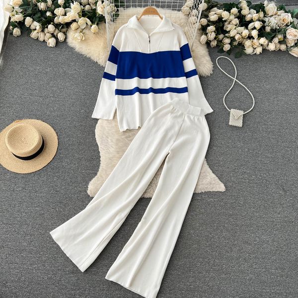 women's two piece pants fashion contrast striped zipper pullover winter knit two piece set women wide leg pant suits loose sweaters tra, White
women's two piece pants fashion contrast striped zipper pullover winter knit two piece set women wide leg pant suits loose sweaters tra, White