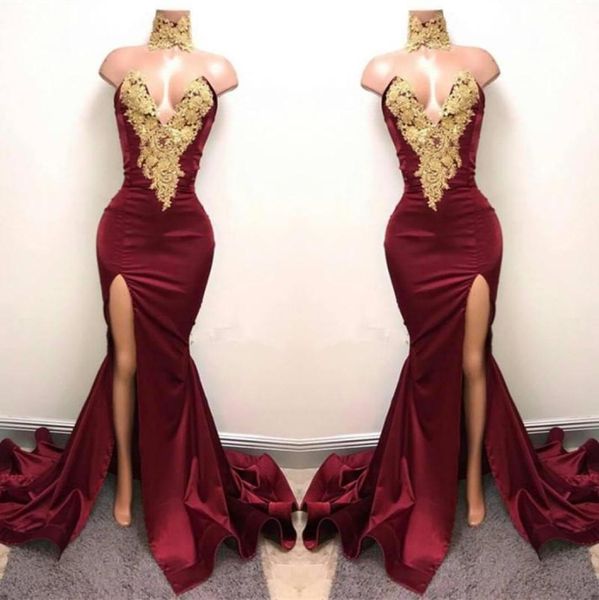 2019 burgundy high neck mermaid prom dresses gold lace appliques side split evening dresses party wear ba59986121121, Black
2019 burgundy high neck mermaid prom dresses gold lace appliques side split evening dresses party wear ba59986121121, Black