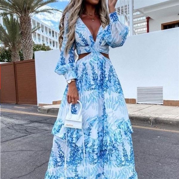 women boho maxi dress summer vneck hollow out lantern sleeve party club dresses backless beach cover up female robe dress 220809 rdjhx, Black;gray