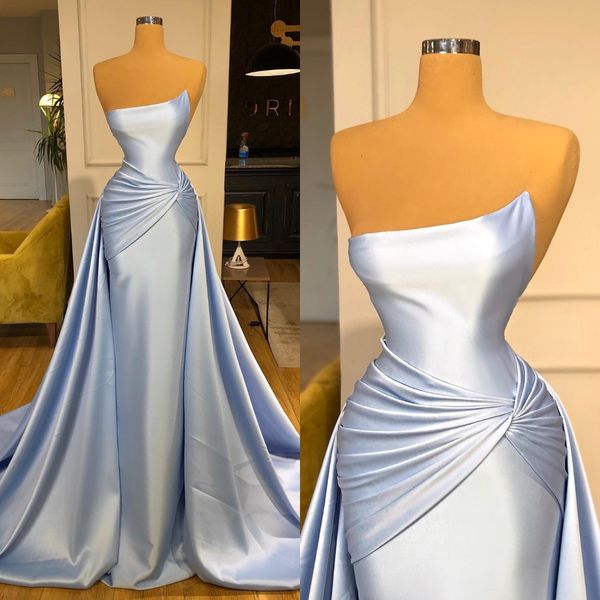 light blue evening dresses strapless overskirts party prom dress pleats sweep train formal long dress for red carpet special occasion, Black;red
light blue evening dresses strapless overskirts party prom dress pleats sweep train formal long dress for red carpet special occasion, Black;red
