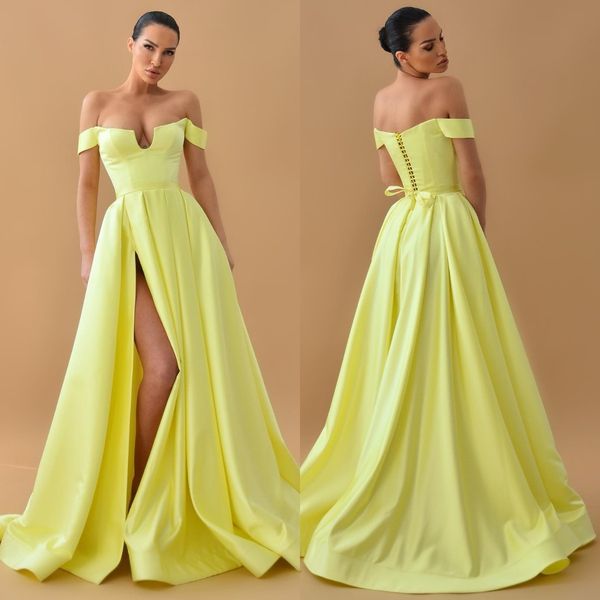 elegant a line yellow prom dresses off shoulder evening dress pleats split formal long special occasion party dress, Black
elegant a line yellow prom dresses off shoulder evening dress pleats split formal long special occasion party dress, Black