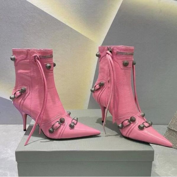 cagole stud buckle embellished lamb leather heeled ankle boots side zip shoes pointed toe stiletto heel booties run way luxury designers sho, Black
cagole stud buckle embellished lamb leather heeled ankle boots side zip shoes pointed toe stiletto heel booties run way luxury designers sho, Black