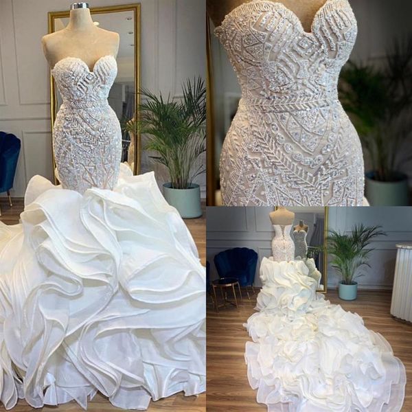 2020 luxury crystal beaded mermaid wedding dresses with ruffle train vintage sweetheart lace-up back plus size bridal gown2184, White
2020 luxury crystal beaded mermaid wedding dresses with ruffle train vintage sweetheart lace-up back plus size bridal gown2184, White