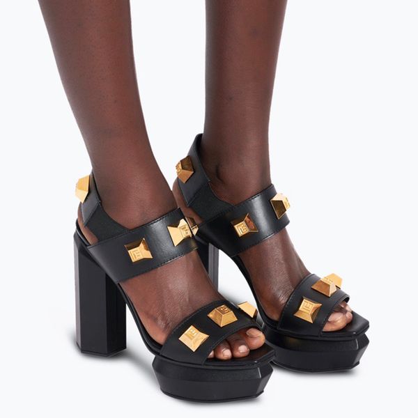 button decoration calfskin ankle strap platform sandal fashion metal square buttons 12cm chunky high heeled sandals summer luxury designers, Black
button decoration calfskin ankle strap platform sandal fashion metal square buttons 12cm chunky high heeled sandals summer luxury designers, Black
