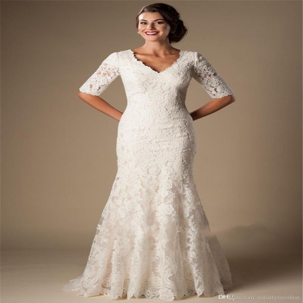 ivory vintage lace mermaid modest wedding dresses with half sleeves v neck elbow sleeves length temple wedding gowns vestido de no300e, White
ivory vintage lace mermaid modest wedding dresses with half sleeves v neck elbow sleeves length temple wedding gowns vestido de no300e, White
