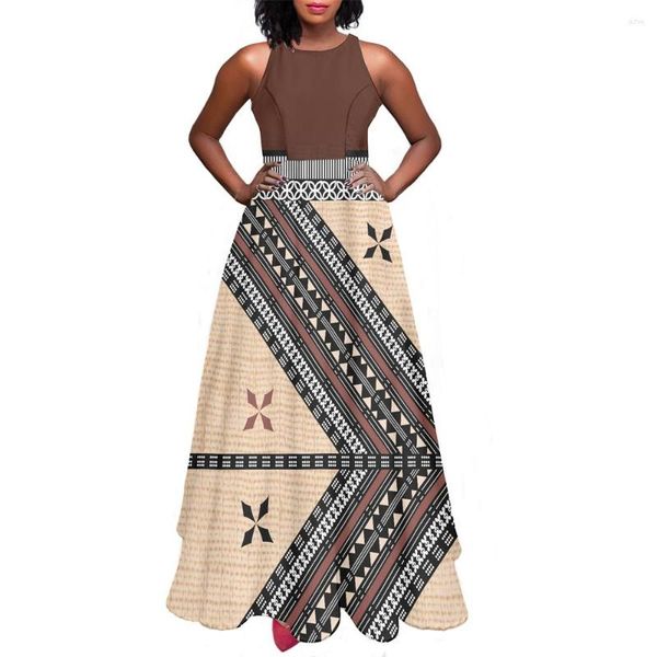 

Casual Dresses Loose Swing Polynesian Tribal Samoa Retro Brown Fiji Masi Tapa Flower Print Custom Women' Sleeveless O-neck Dress Beach, Wmy22050921x10