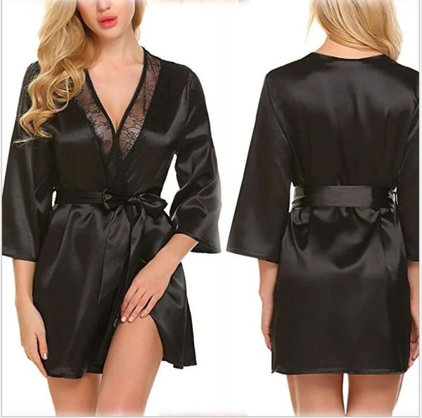 many colors pajama dress lingerie with robe long sleeve lace nightgown with belt sleepwear satin women bathrobe, Black
many colors pajama dress lingerie with robe long sleeve lace nightgown with belt sleepwear satin women bathrobe, Black