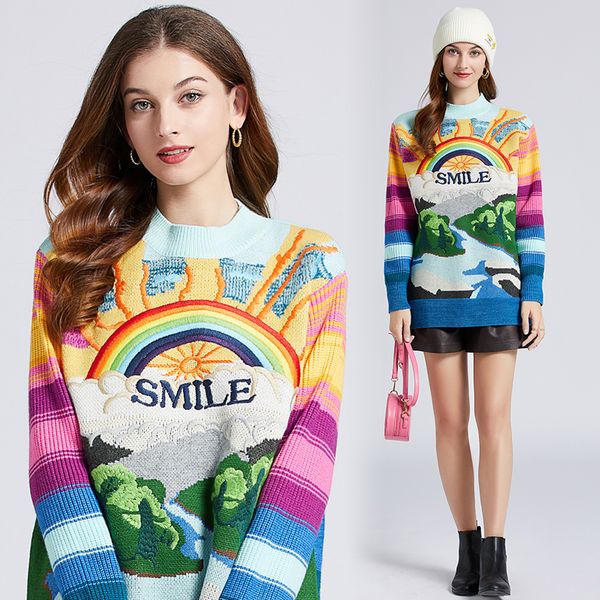 women's sweaters embroidered rainbow sweater women long sleeve jacquard knitted striped rabbit hair loose thickened jumper pullover 202, White;black
women's sweaters embroidered rainbow sweater women long sleeve jacquard knitted striped rabbit hair loose thickened jumper pullover 202, White;black