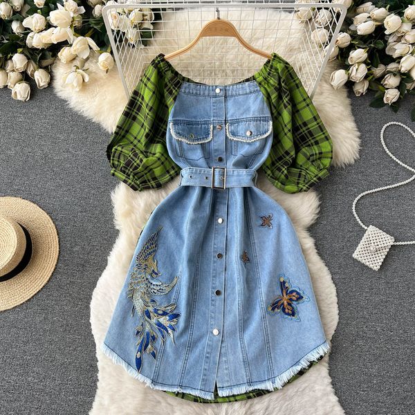 basic casual dresses new spring summer fashion plaid patchwork denim dress women off the shoulder puff sleeve butterfly embroidery belt part, Black;gray
basic casual dresses new spring summer fashion plaid patchwork denim dress women off the shoulder puff sleeve butterfly embroidery belt part, Black;gray