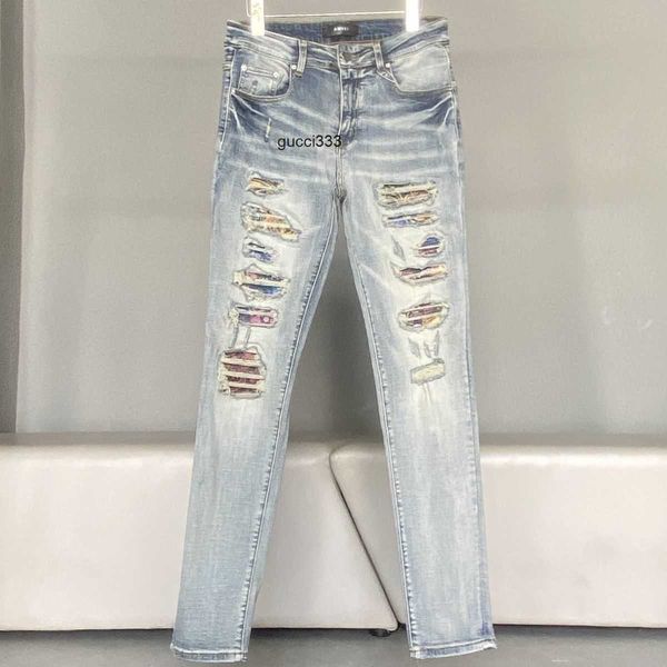 large cashew amirly ripped men's slim jeans leisure designer brand light fashion flower pants elastic cool stylish hole patch high stre, Blue
large cashew amirly ripped men's slim jeans leisure designer brand light fashion flower pants elastic cool stylish hole patch high stre, Blue
