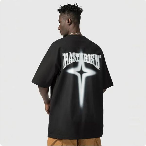high street t-shirt men's short sleeve print loose oversize drop shoulder cotton round neck couple style, White;black
