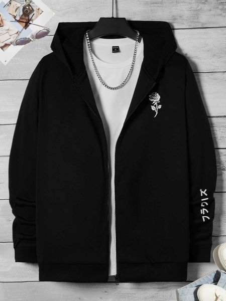 men 's fashion homme men floral japanese letter graphic zip up hoodie, White;black
men 's fashion homme men floral japanese letter graphic zip up hoodie, White;black