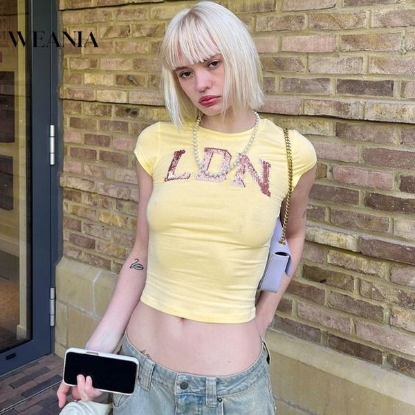 women's t-shirt women y2k style glitter embroidered letter cropped t-shirt 230721, White
women's t-shirt women y2k style glitter embroidered letter cropped t-shirt 230721, White