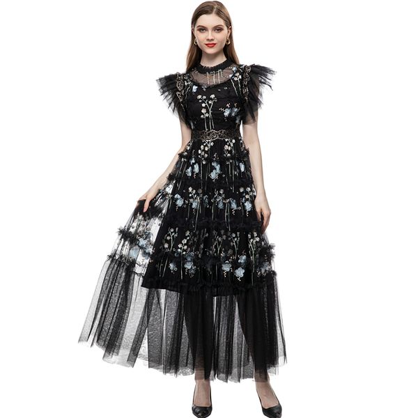 women's runway dresses o neck embroidery ruffles elegant designer fashion maxi vestidos, Black
women's runway dresses o neck embroidery ruffles elegant designer fashion maxi vestidos, Black