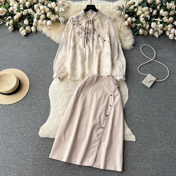 two piece dress vintage haute couture outfits women flower embroidery pearls beading bow blouse + single breasted midi skirt two piece set 2, White
two piece dress vintage haute couture outfits women flower embroidery pearls beading bow blouse + single breasted midi skirt two piece set 2, White