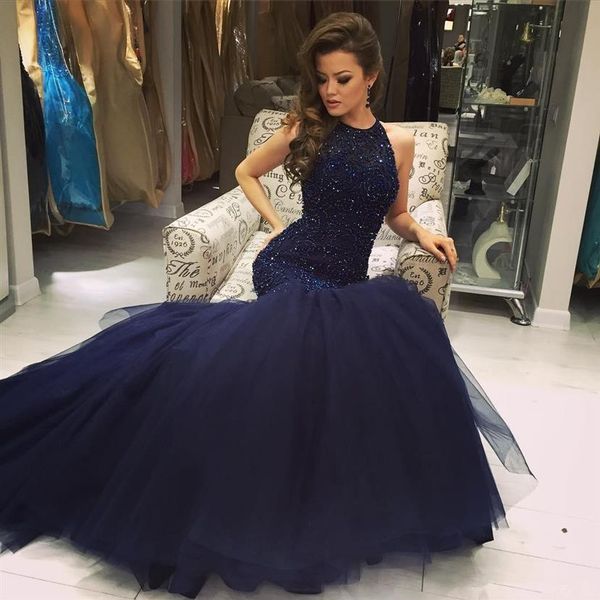 stunning shiny dark navy mermaid evening dresses 2019 keyhole neck sequins beaded open back tulle long prom dresses vestidos 275l, Black