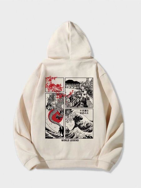 men 's fashion romwe guys japanese letter wave drawstring hoodie, White;black