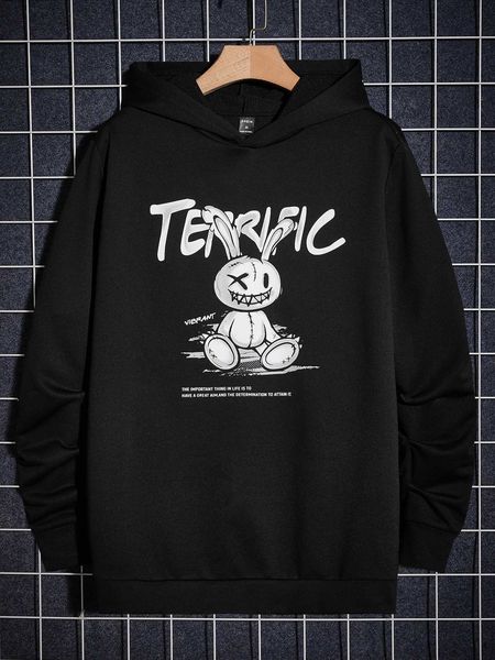 men 's fashion men bear slogan graphic drawstring hoodie, White;black
