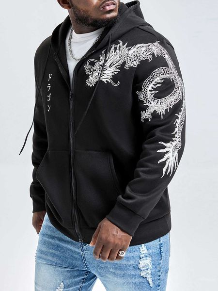 men 's fashion legnd men dragon zip up drawstring hoodie