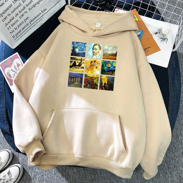 world famous painting sanskrit van gogh print male hooded simple loose hoodies street fleece hoodie loose o-neck pullover, Black