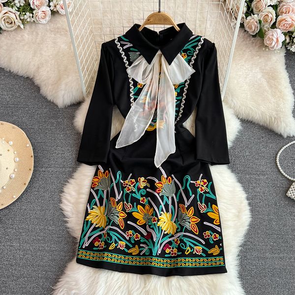 basic casual dresses vintage luxury flower embroidery dress women bow tie collar three quarter sleeve temperament high waist a line mini ves, Black;gray
basic casual dresses vintage luxury flower embroidery dress women bow tie collar three quarter sleeve temperament high waist a line mini ves, Black;gray