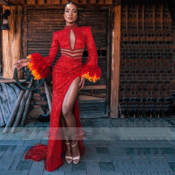 shiny red beading sequin evening dresses feather sleeve mermaid prom gown with split cutout waist abendkleider vestido de novia, Black;red
shiny red beading sequin evening dresses feather sleeve mermaid prom gown with split cutout waist abendkleider vestido de novia, Black;red