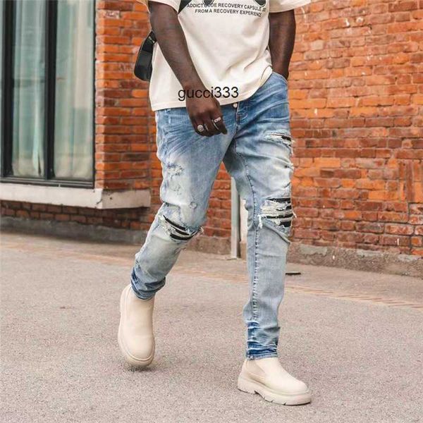 high stylish brand amirly pants cool men's leisure ripped jeans amri hip hop designer street slim fashion fit denim elastic 3zqd patch, Blue
high stylish brand amirly pants cool men's leisure ripped jeans amri hip hop designer street slim fashion fit denim elastic 3zqd patch, Blue