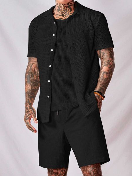 men's clothing men cotton button up shirt drawstring waist shorts with top, White;black
men's clothing men cotton button up shirt drawstring waist shorts with top, White;black