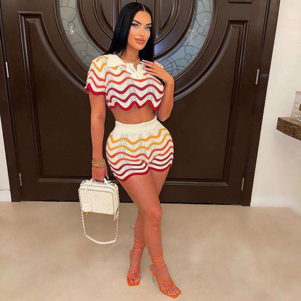wind summer dresses women s collection polo collar fashion wave pattern color matching knitted tight shorts suit, White
wind summer dresses women s collection polo collar fashion wave pattern color matching knitted tight shorts suit, White