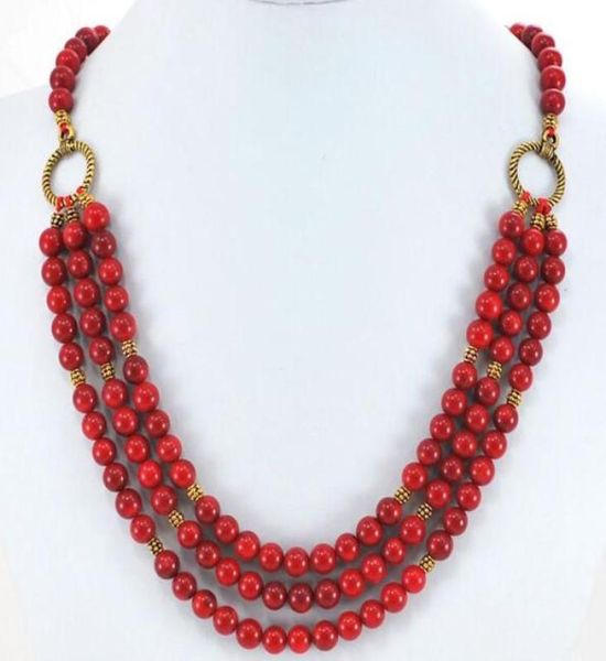 3 strands red coral round beads gold toggle necklace 19quot 4614887, Silver 
3 strands red coral round beads gold toggle necklace 19quot 4614887, Silver