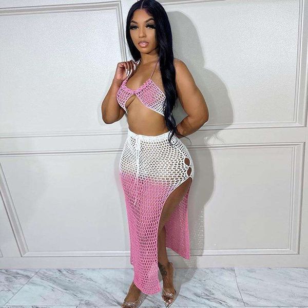 women s clothing summer knitted dress fashion halter lace up gradient contrast slit skirt suit, White
women s clothing summer knitted dress fashion halter lace up gradient contrast slit skirt suit, White