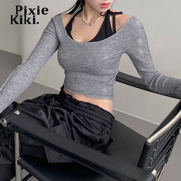 women's t-shirt pixiekiki grey long sleeve fake two piece casual lace up halter neck t shirts for women y2k clothing fall p84-ca25 2307, White
women's t-shirt pixiekiki grey long sleeve fake two piece casual lace up halter neck t shirts for women y2k clothing fall p84-ca25 2307, White