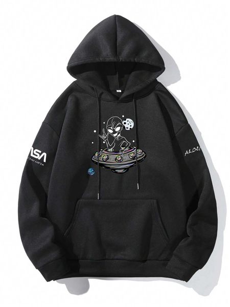 men 's fashion legnd men alien letter graphic kangaroo pocket drawstring hoodie, White;black
men 's fashion legnd men alien letter graphic kangaroo pocket drawstring hoodie, White;black