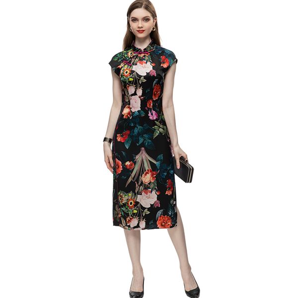 women's runway dresses chinese style collar short sleeves printed vintage high street fashion mid pencil vestidos, Black
women's runway dresses chinese style collar short sleeves printed vintage high street fashion mid pencil vestidos, Black