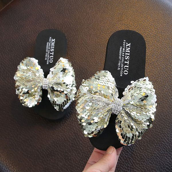 slipper fashion sequin bow girl slippers princess shoes children beach slipper girl sandals flats nonslip soft kids slippers 230721, Black;grey