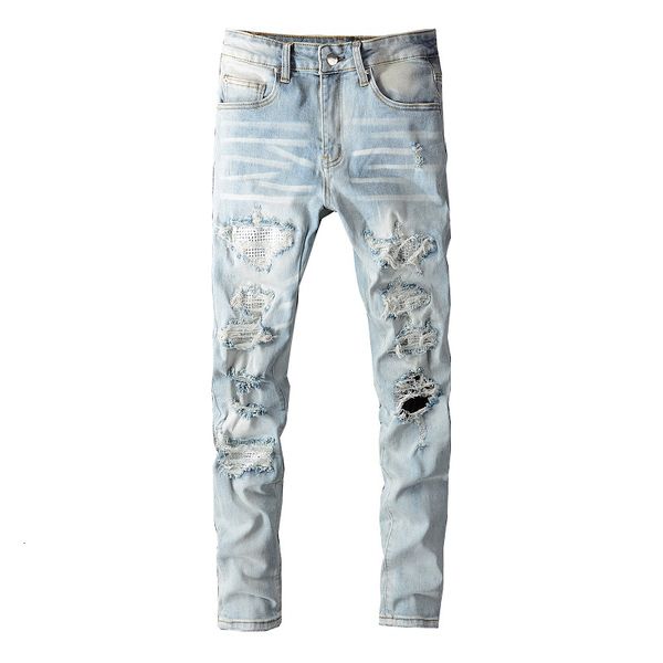 mens jeans men crystal holes ripped patchwork streetwear light blue denim slim skinny pencil pants trousers 230721
mens jeans men crystal holes ripped patchwork streetwear light blue denim slim skinny pencil pants trousers 230721