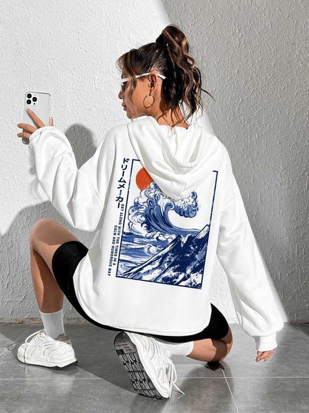 wave japanese letter shoulder drawstring hoodie, White;black
wave japanese letter shoulder drawstring hoodie, White;black