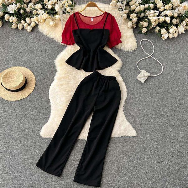 fashion casual set women s pant summer puff sleeve chiffon patchwork high waist trousers versatile two piece, White
fashion casual set women s pant summer puff sleeve chiffon patchwork high waist trousers versatile two piece, White